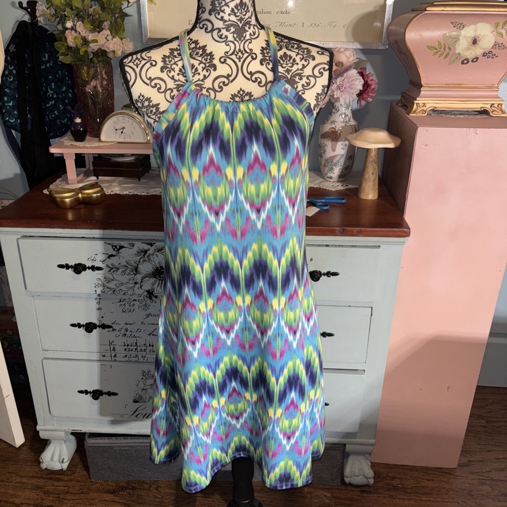 TEHAMA-blue/green/purple patterned stretch performance/ Swim‎ Dress Sz M